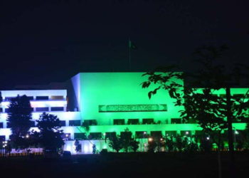 Islamabad: Parliament Illuminated in Green to Commemorate 50 Years of Ahmadis Declared Non-Muslims.