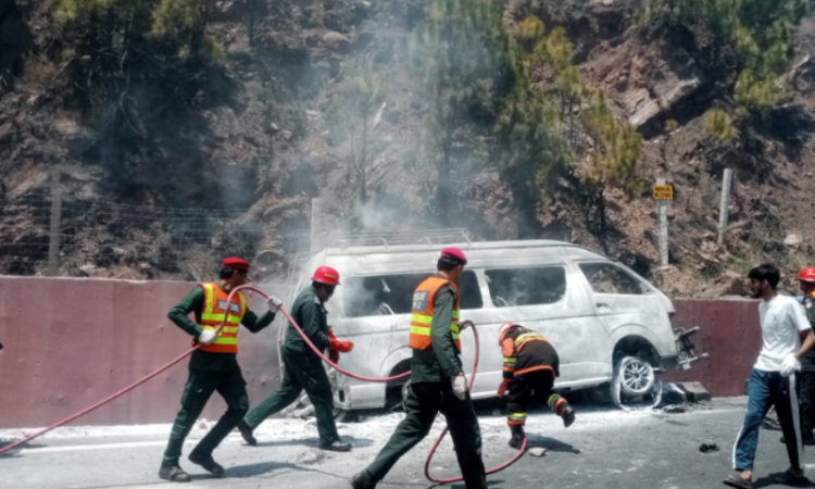 10 killed, 13 injured as passenger van plunges into ravine, catches fire on Murree Expressway