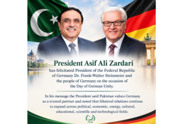 President Zardari felicitates German president on day of German Unity